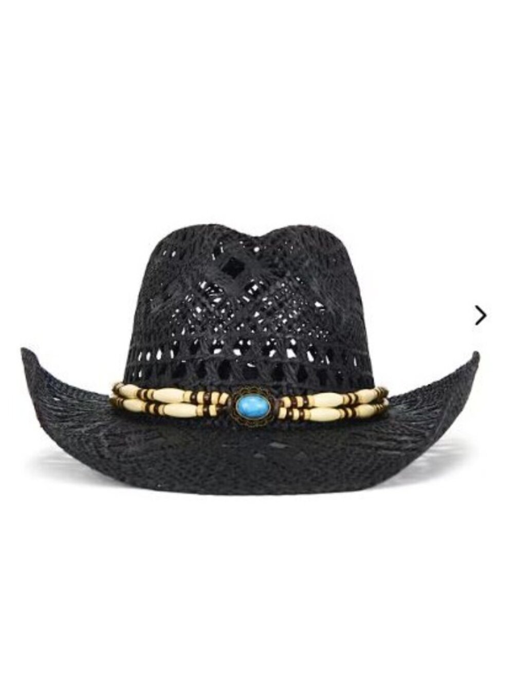 Black Woven Straw Cowboy Hat With Beaded Band & Turquoise Stone Accent - Picture 2 of 9